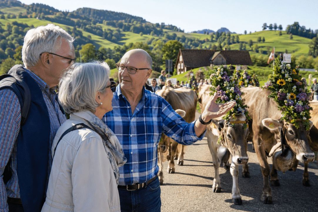Private guided Switzerland tour with Kurt Stauffer during an Appenzell alpine cattle procession